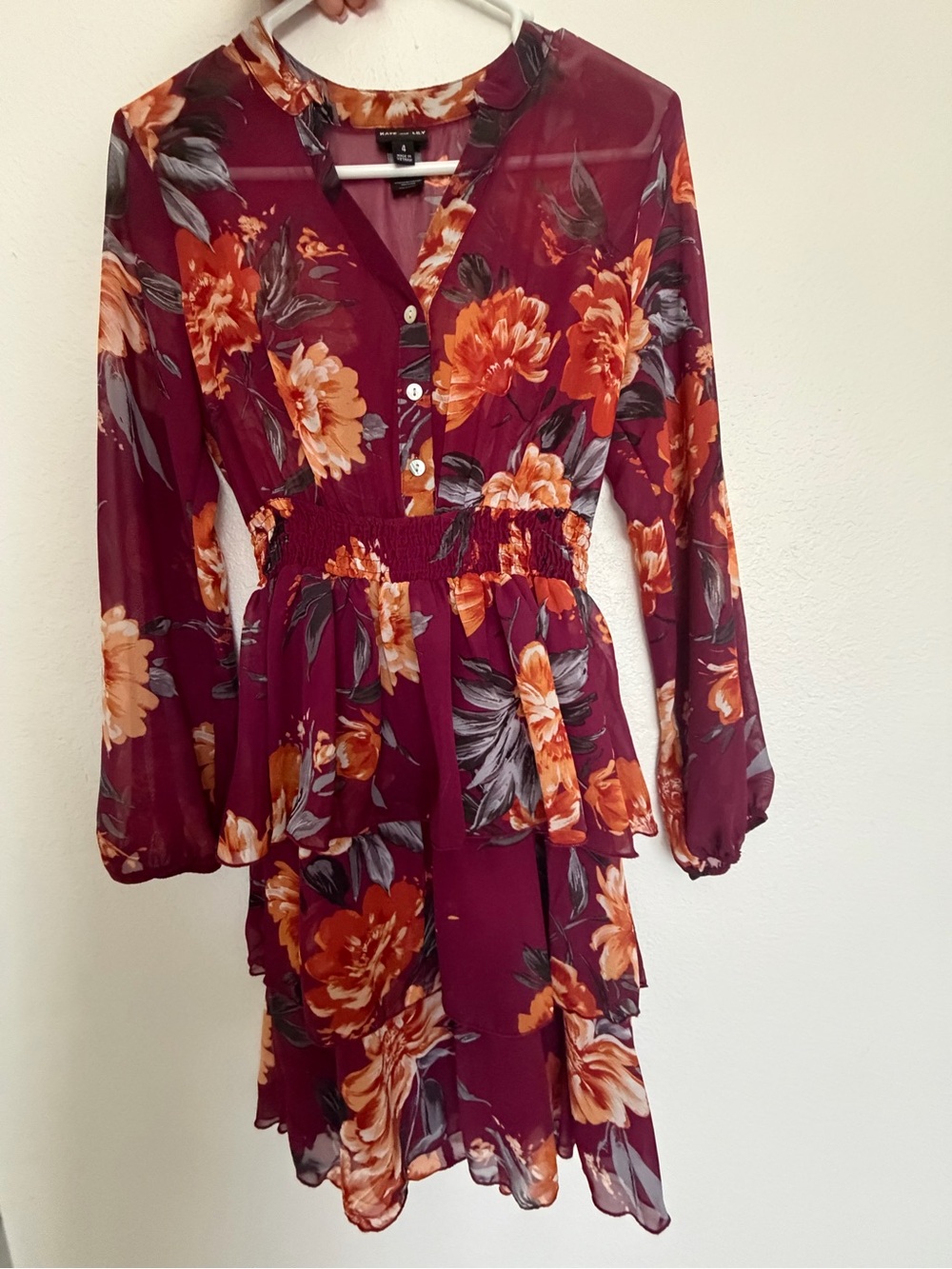 Floral V-Neck Smocked Waist Burgundy Dress